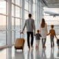 back view of a family with two children walking through a bright airport terminal pulling suitcases and holding hands while a plane takes off through the window during sunset