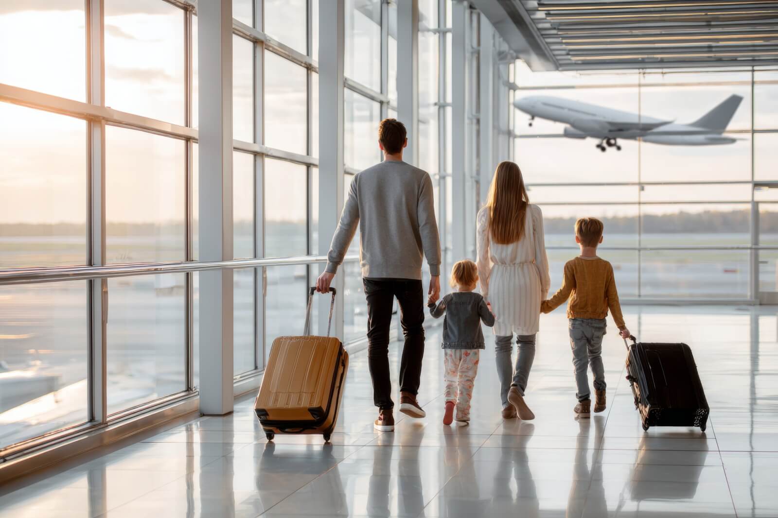 back view of a family with two children walking through a bright airport terminal pulling suitcases and holding hands while a plane takes off through the window during sunset
